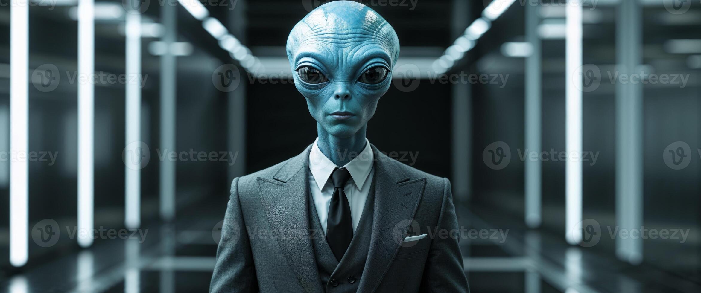 Mysterious alien figure stands in dimly lit corridor wearing a suit and exhibiting unusual features at a modern location photo