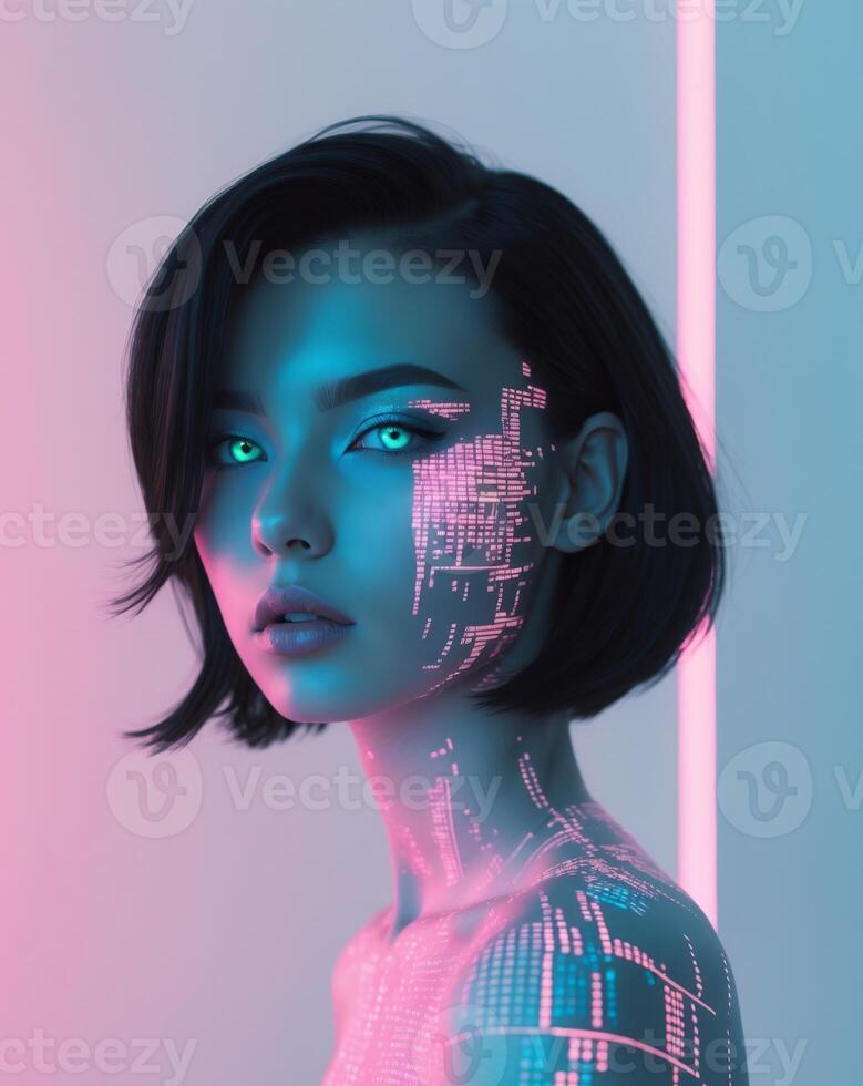 A woman with glowing eyes and a futuristic body photo