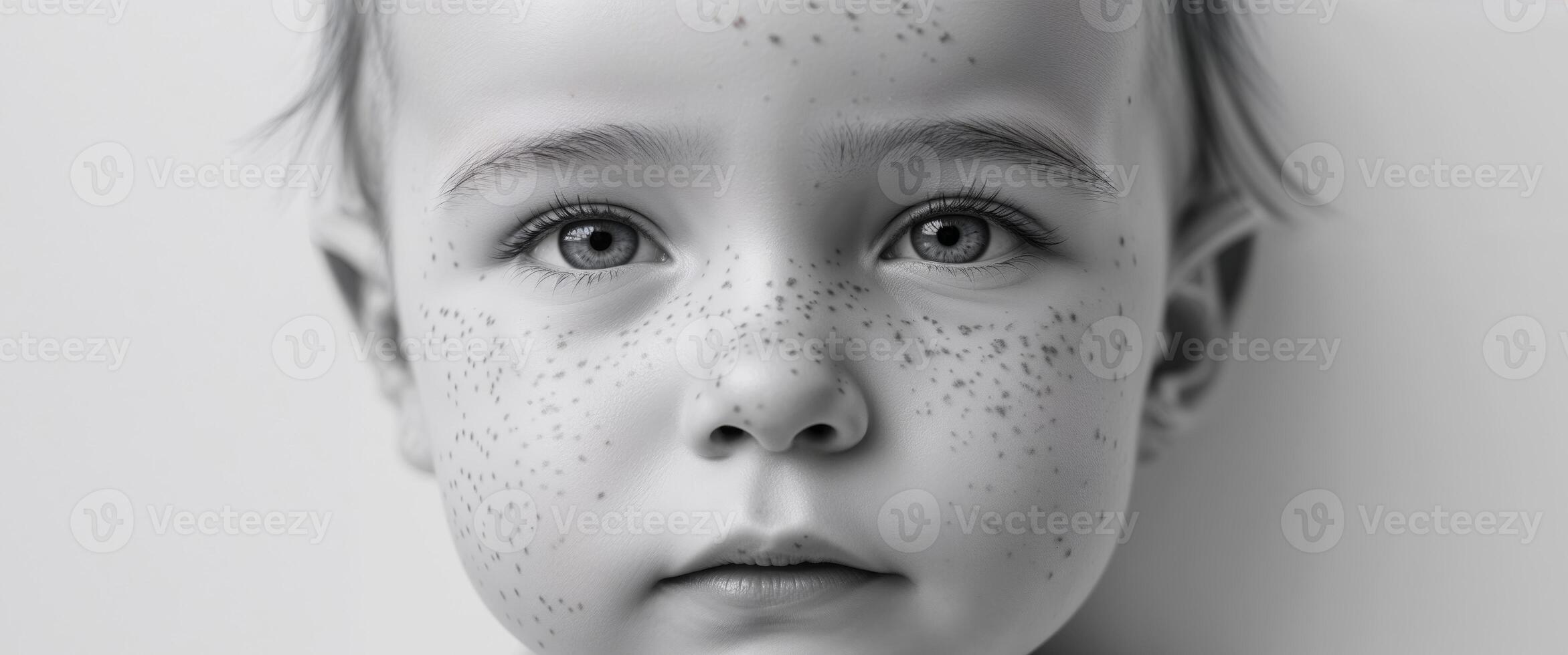 A close up of a baby with freckles on its face photo
