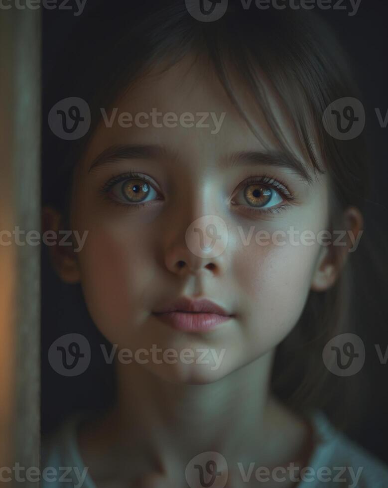 A young girl with blue eyes looks into the camera photo