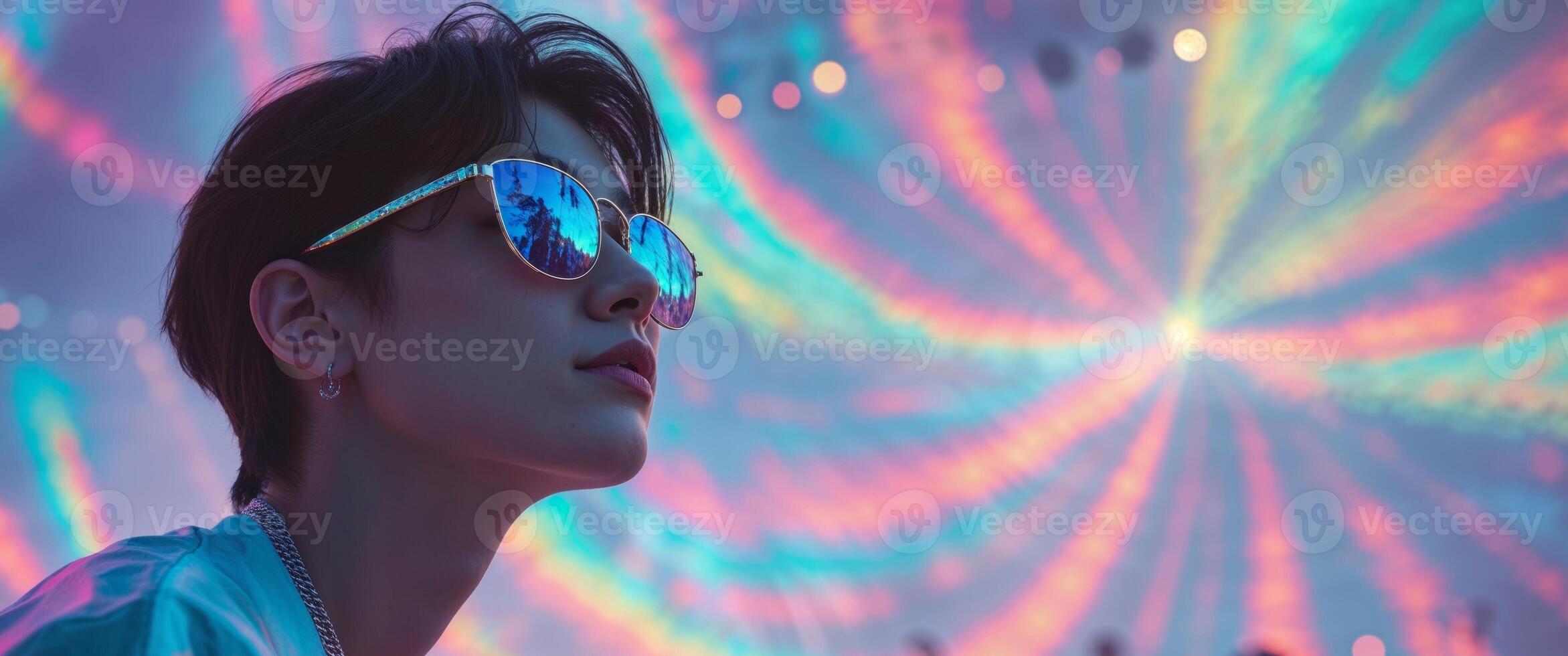 A person wearing sunglasses in front of a colorful light photo