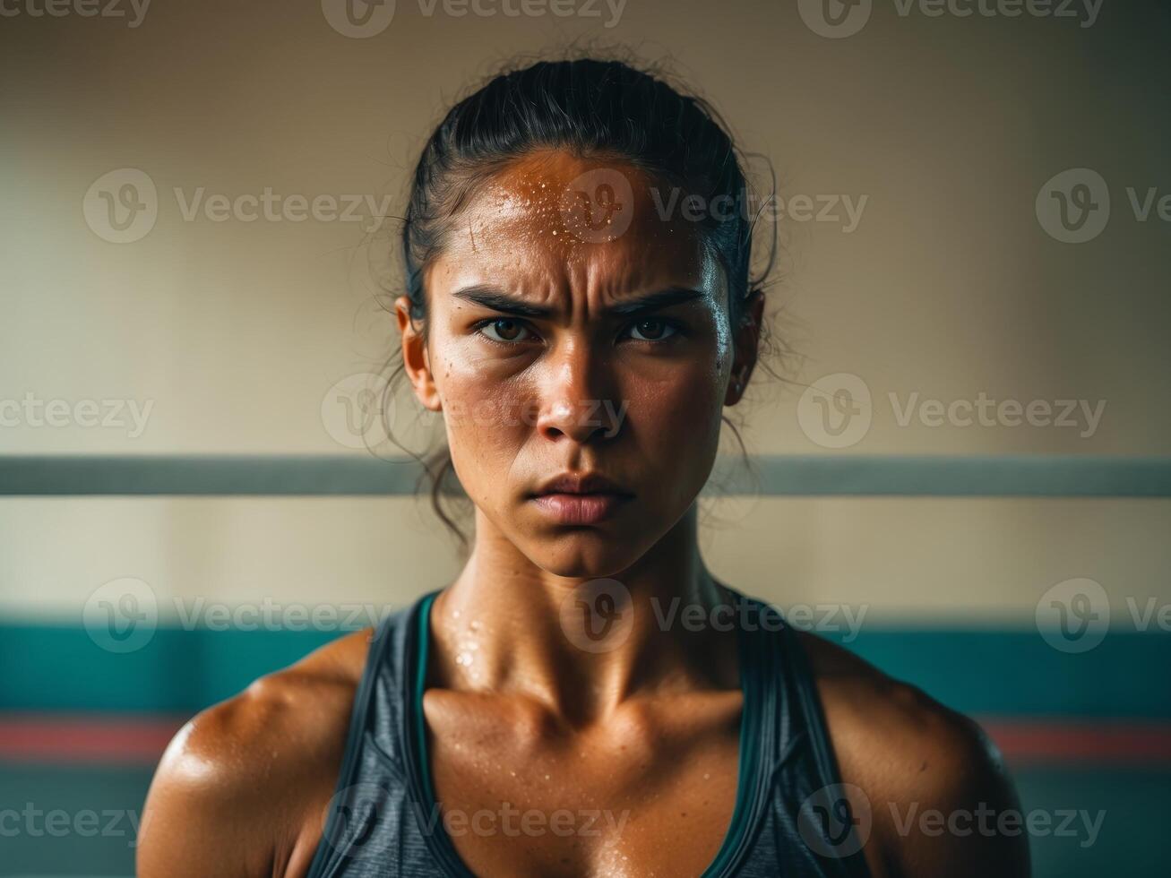 A woman in a gym with a serious expression photo