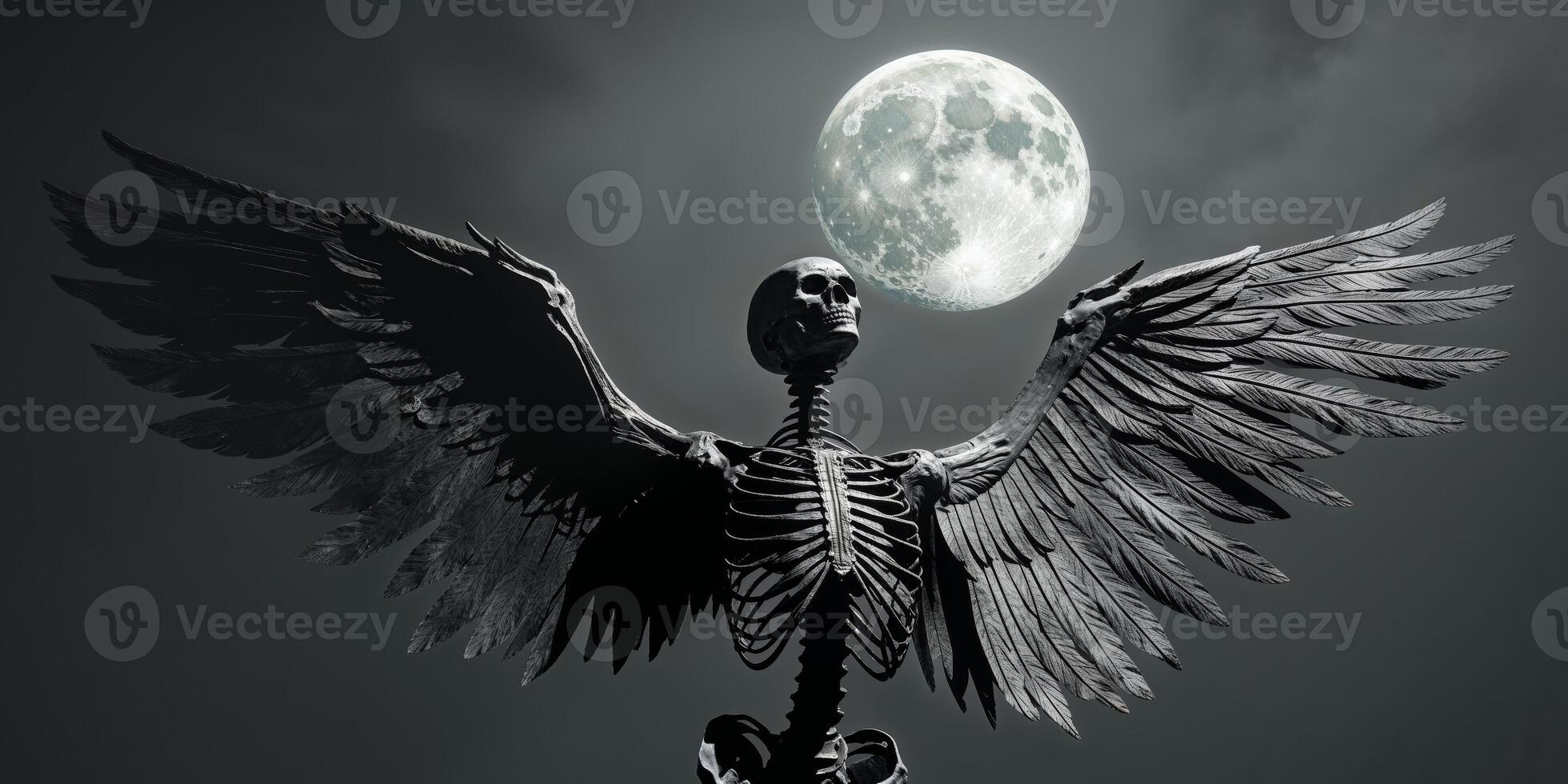 A skeleton with wings and a full moon in the background photo