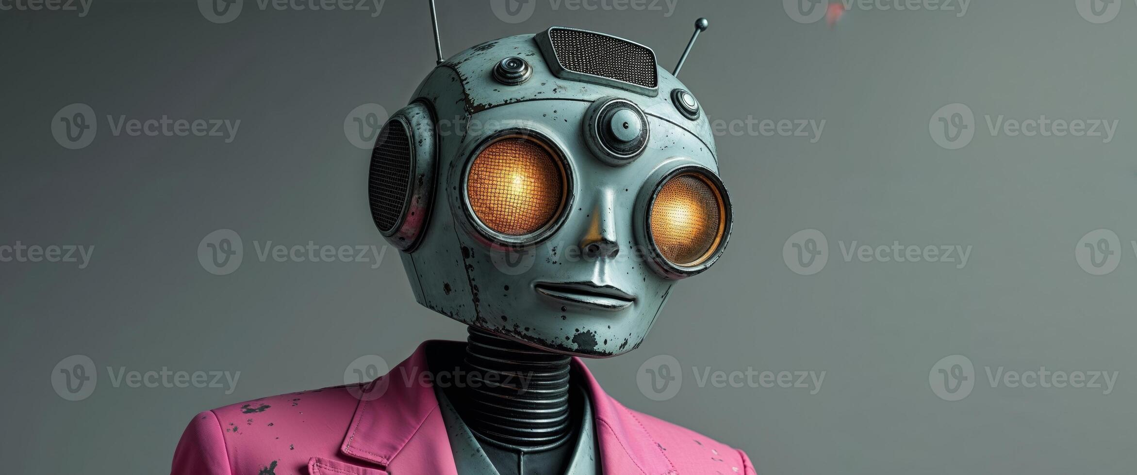 A robot wearing a pink suit and a pink tie photo