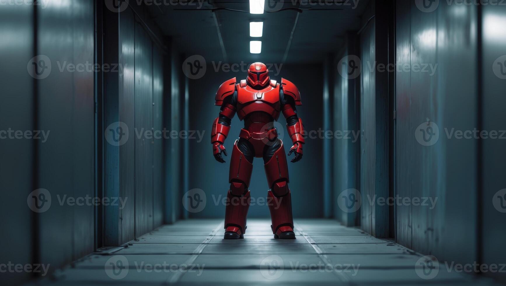A red robot standing in a hallway photo