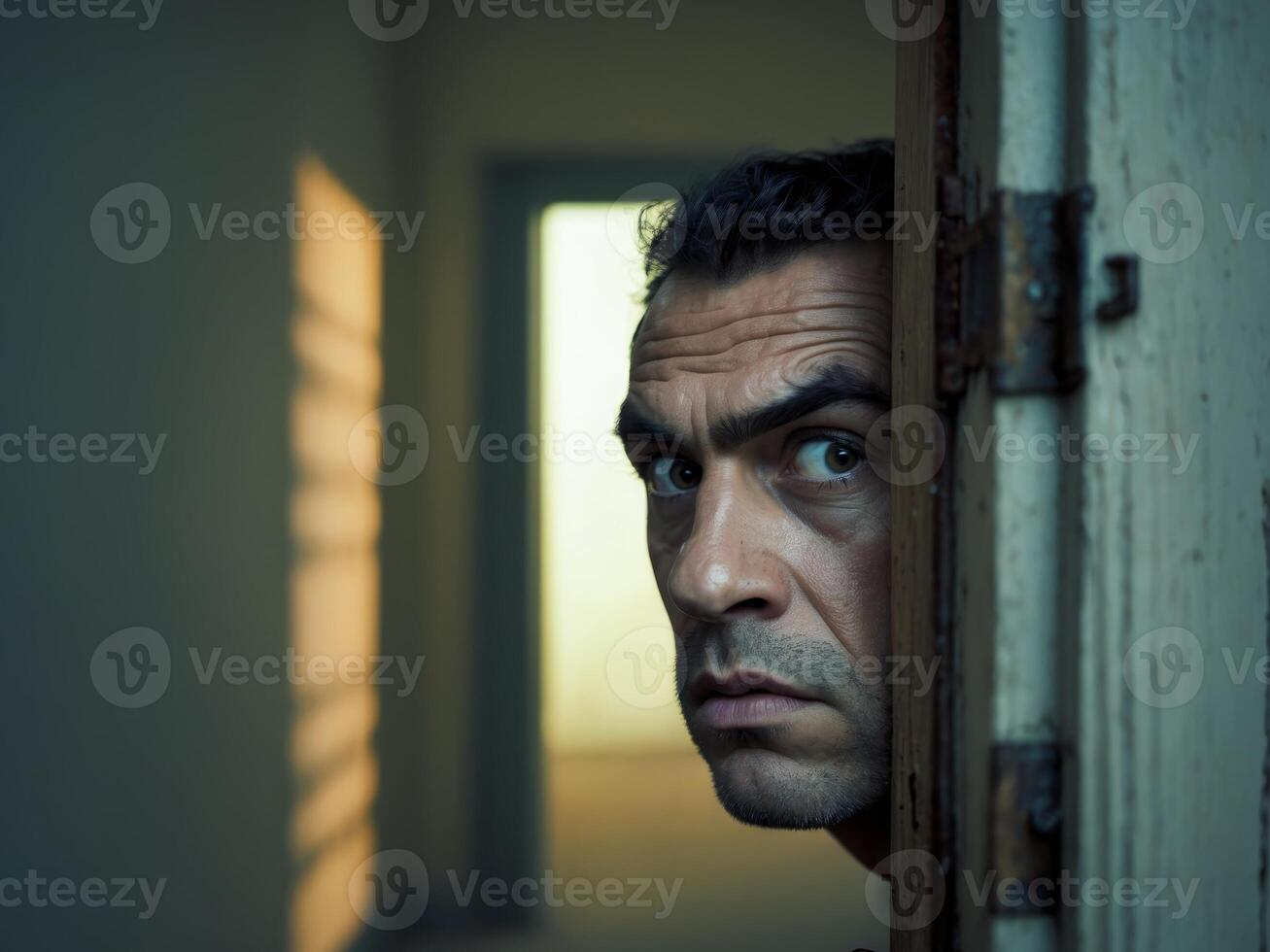 A man looking out a door photo