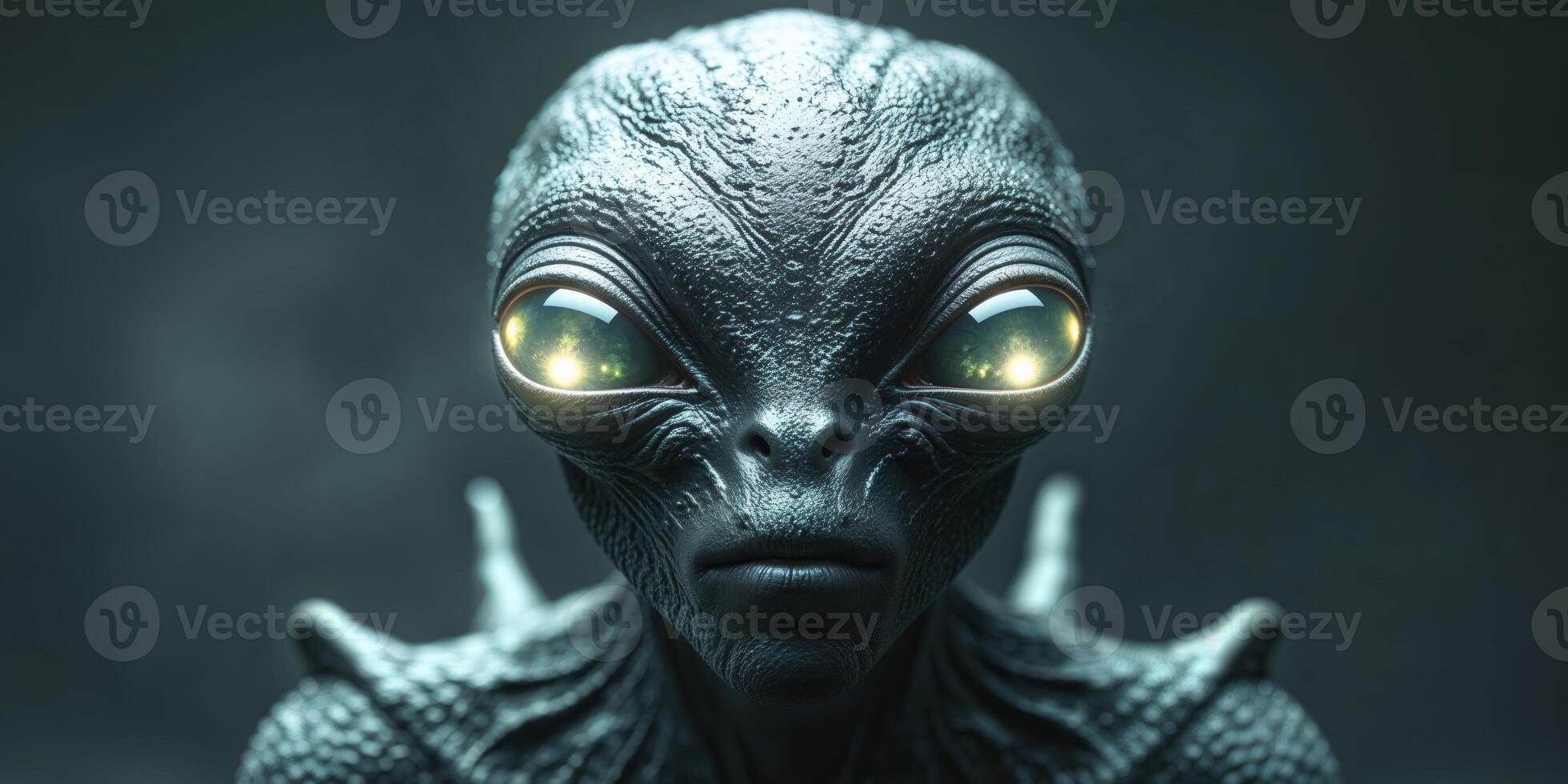 An alien with glowing eyes is shown in this image photo