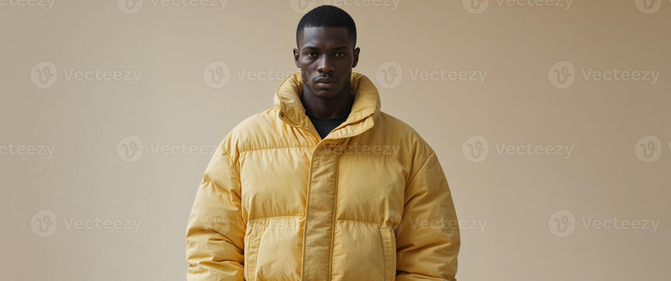 A man wearing a yellow puffer jacket stands in front of a beige background photo