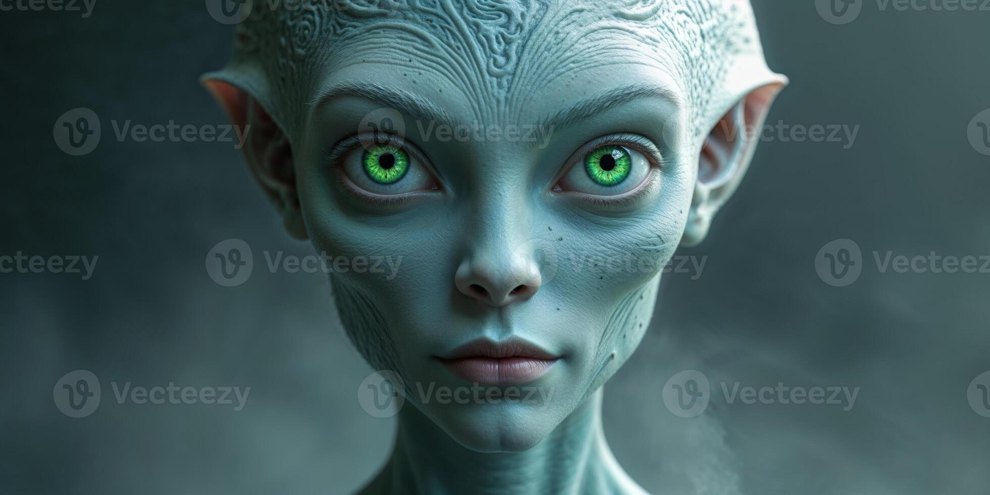 An alien with green eyes and a big head photo