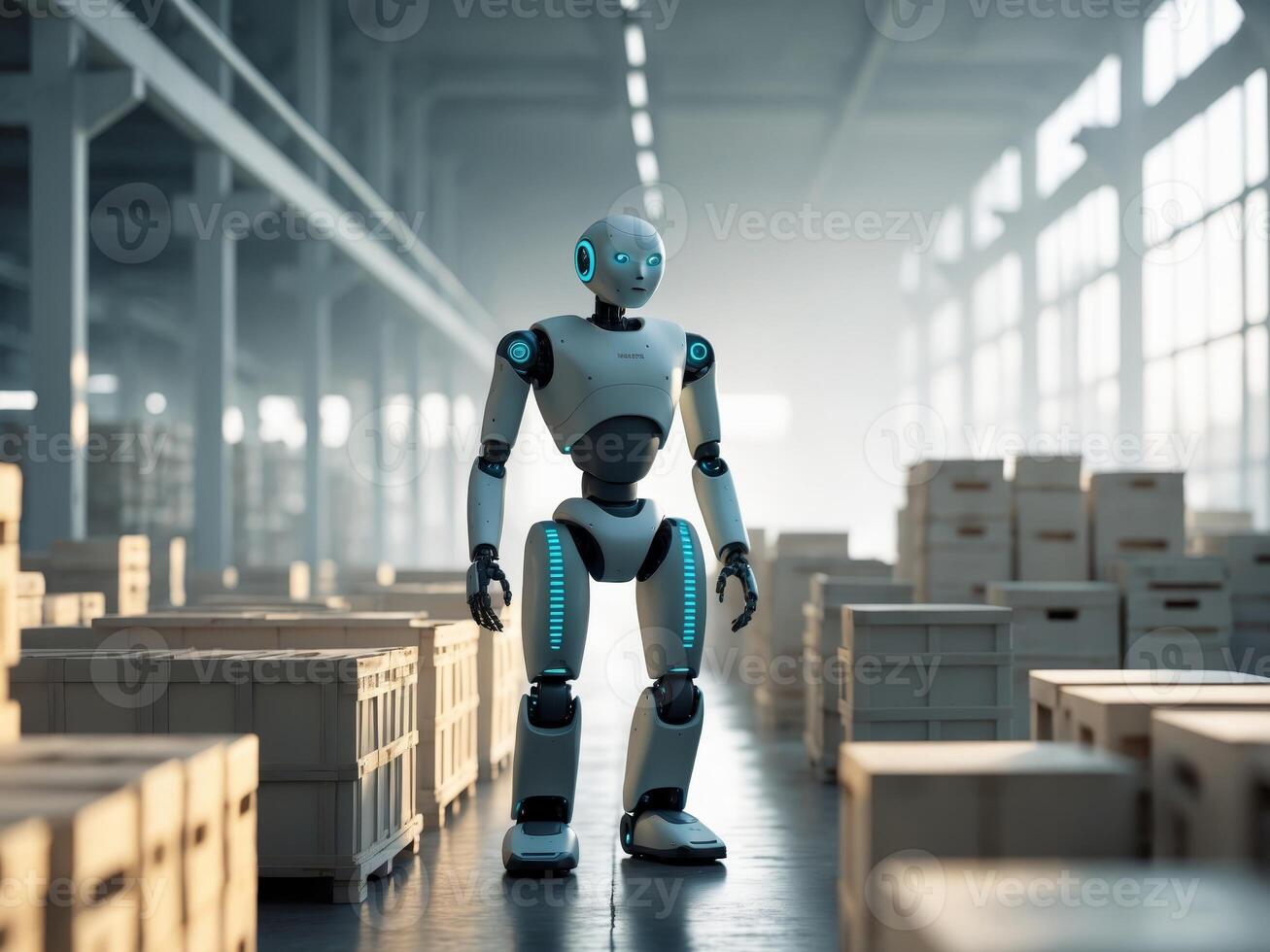 A robot standing in a warehouse with boxes photo
