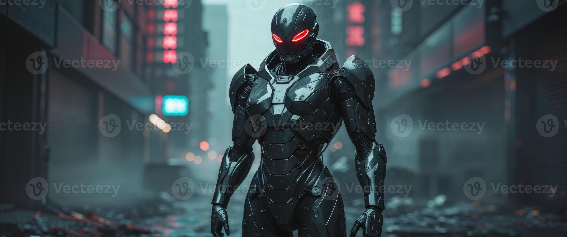 Futuristic cybernetic armor with red illuminated visor in urban setting. photo