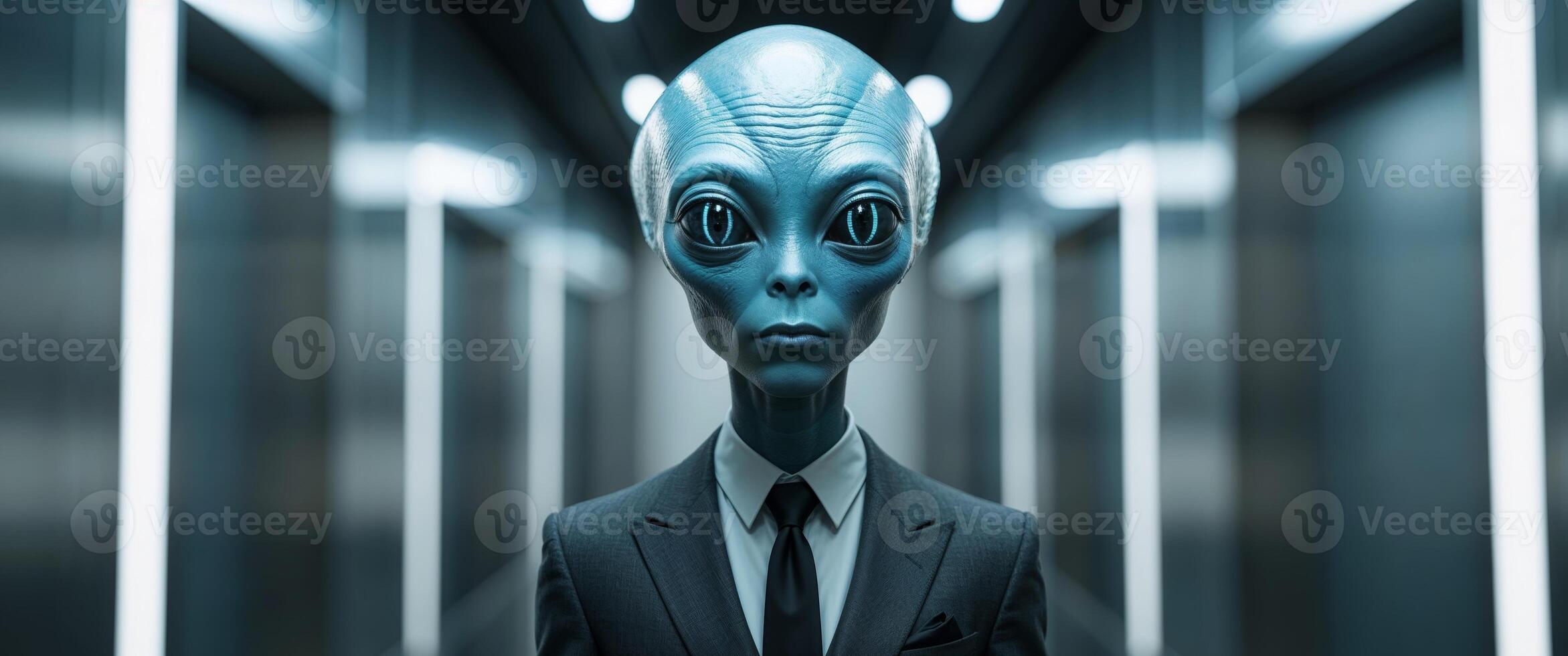 Mysterious alien figure stands in dimly lit corridor wearing a suit and exhibiting unusual features at a modern location. photo