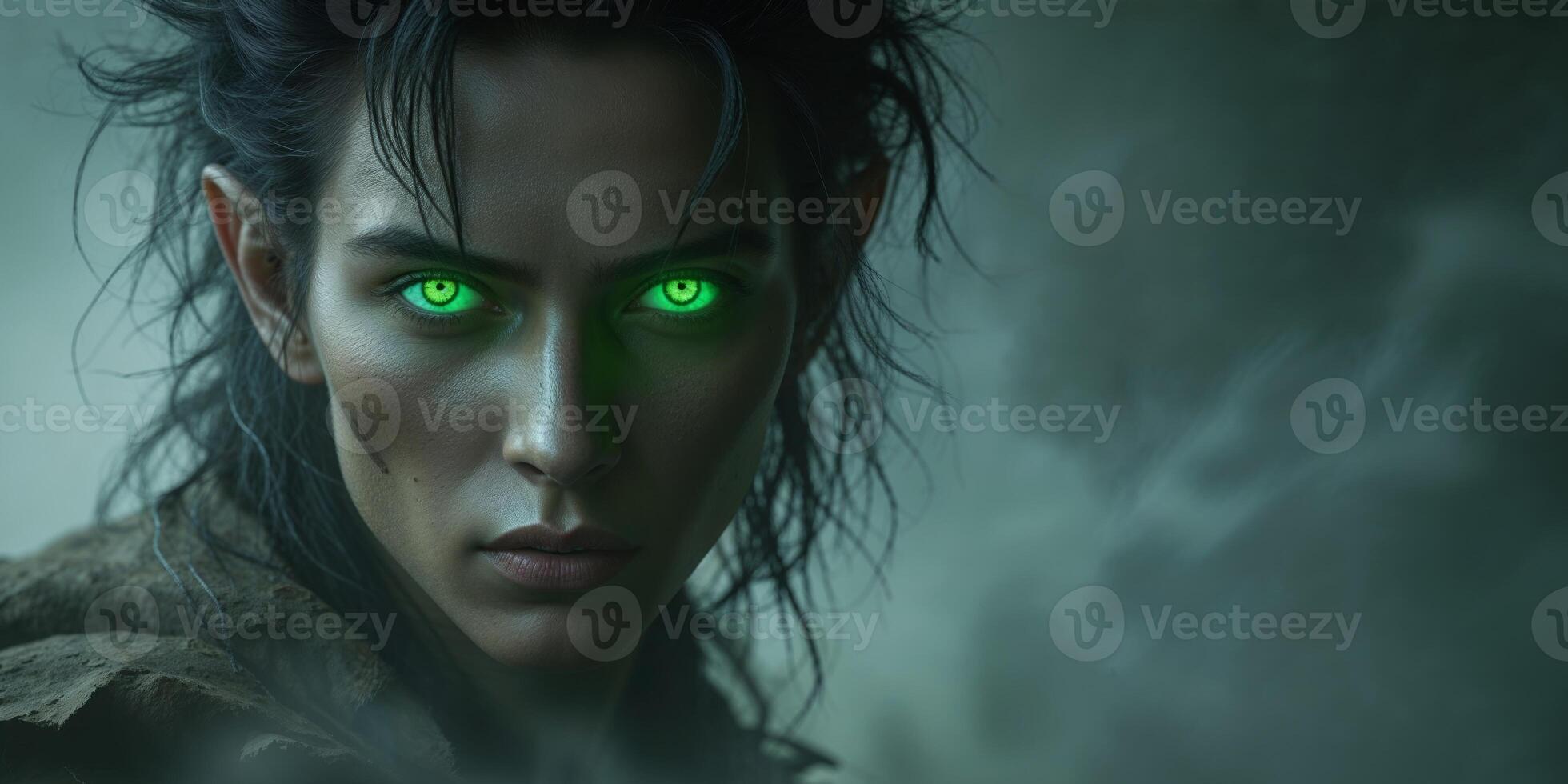 A Glowing Green Eyed Creature With Dark Features. photo