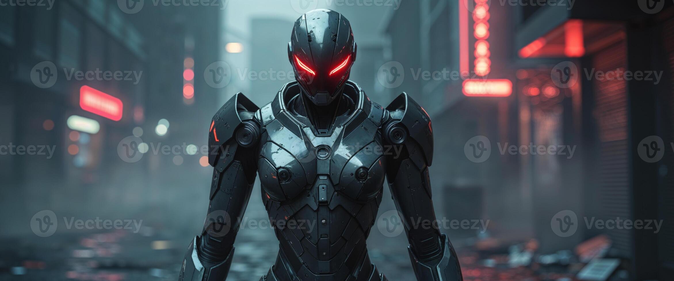 Futuristic cybernetic armor with red illuminated visor in urban setting photo