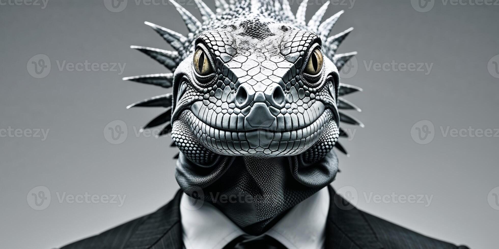 unrecognizable man in formal suit with iguana head photo