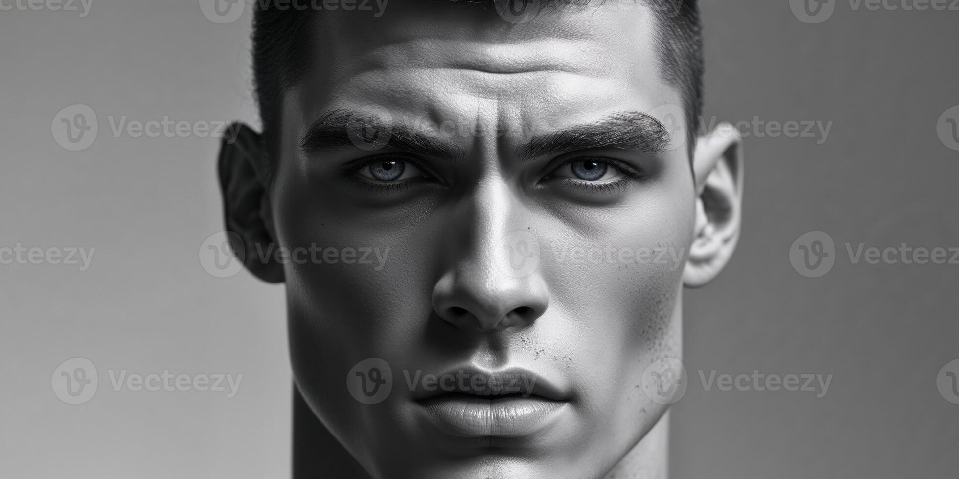 Intense gaze of fit man with defined features in dramatic lighting. photo