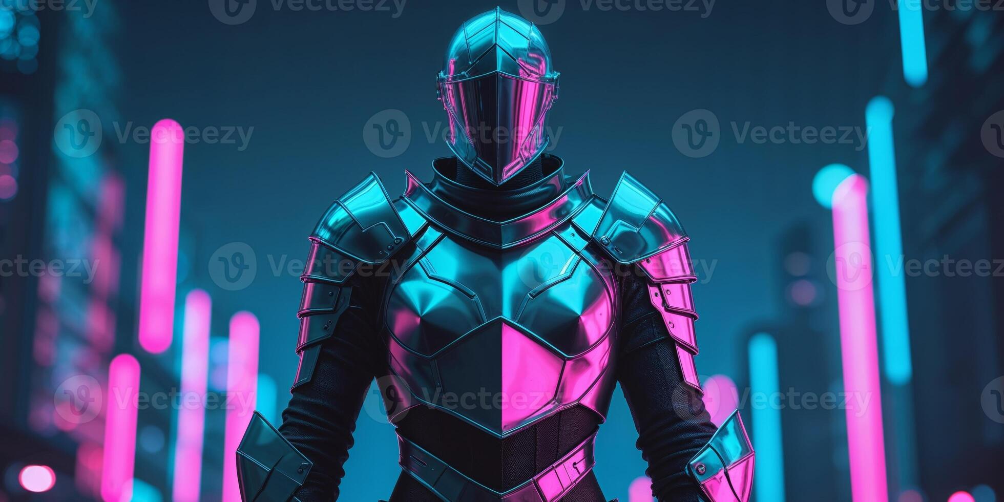 Metallic knight in futuristic armor illuminated by neon lights during a dark setting at night photo