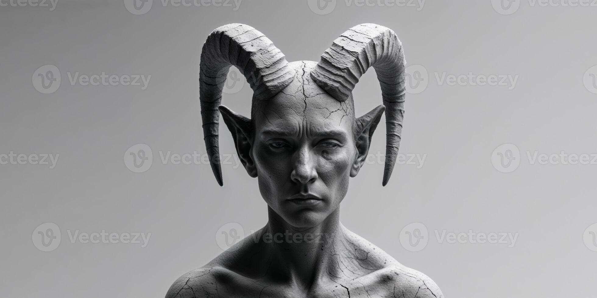 Horned earth spirit figure with thoughtful expression and stone texture. photo