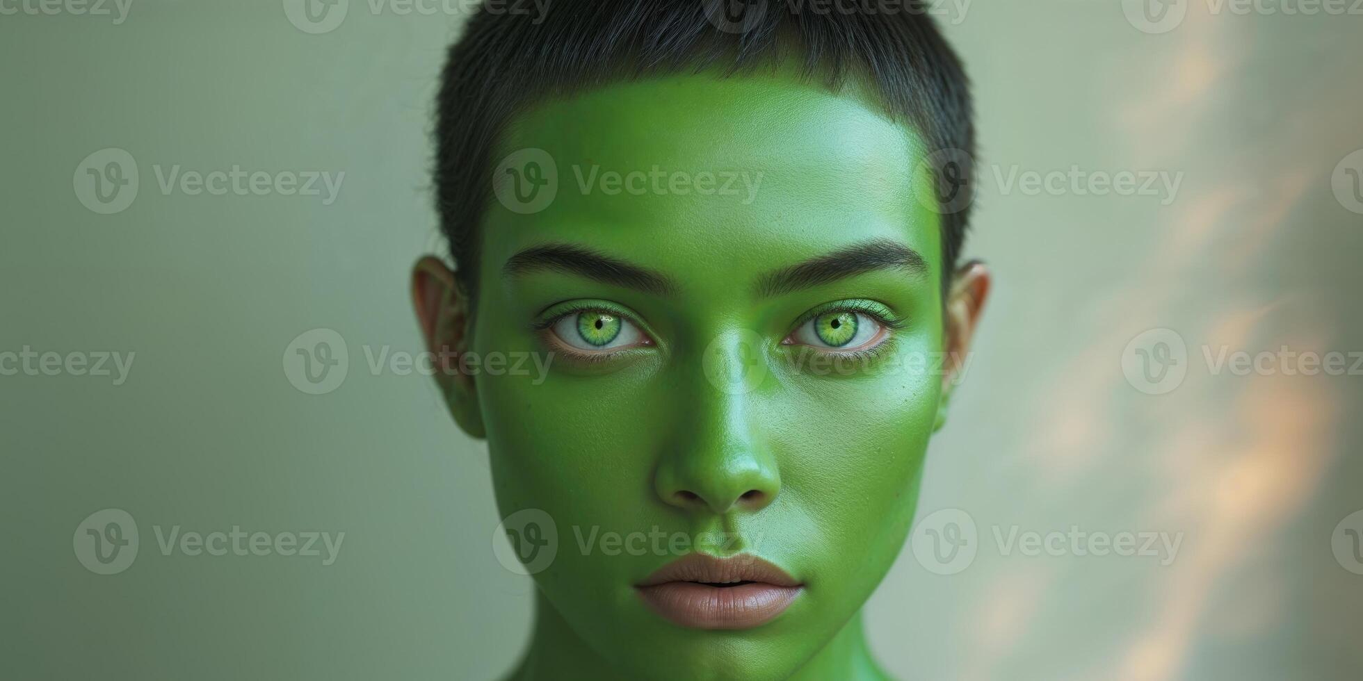 Person with green skin and a face with a green eye. photo