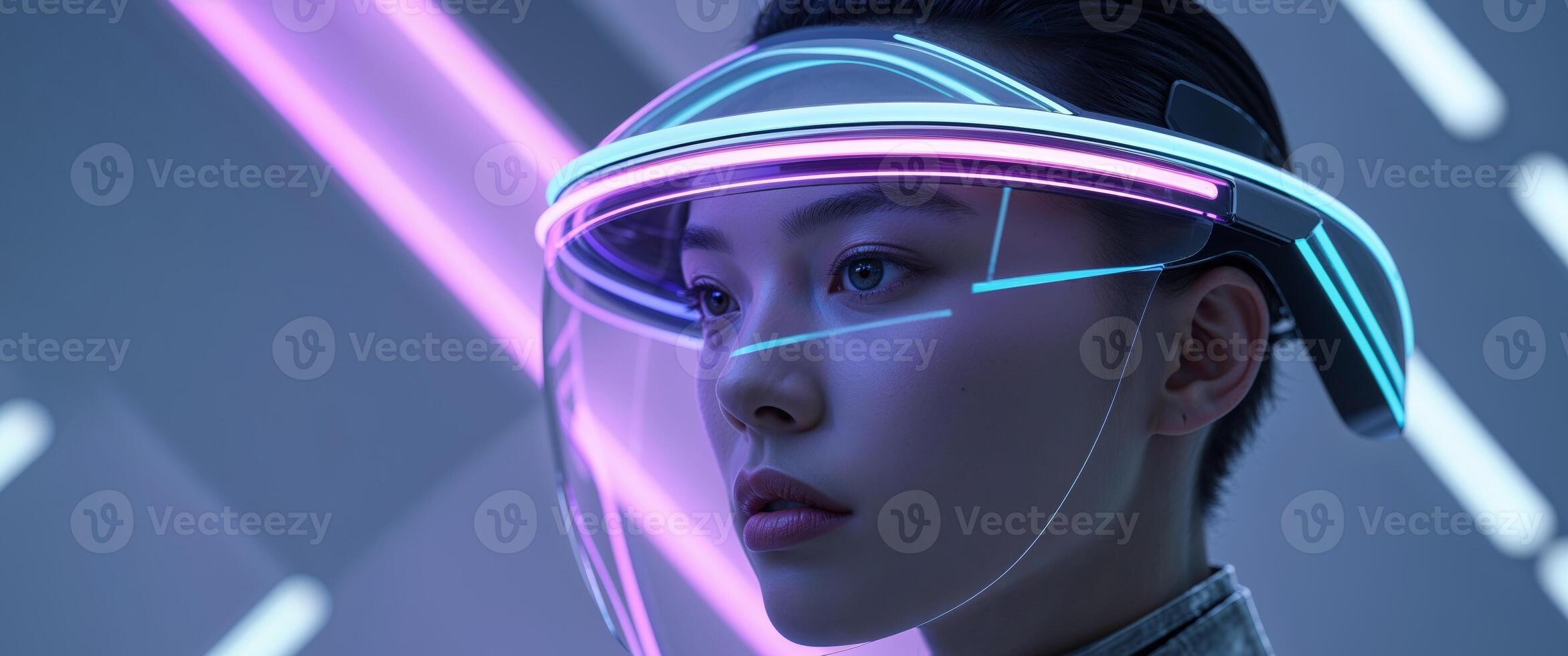 Futuristic visor helmet with neon glow on person in modern technology setting photo