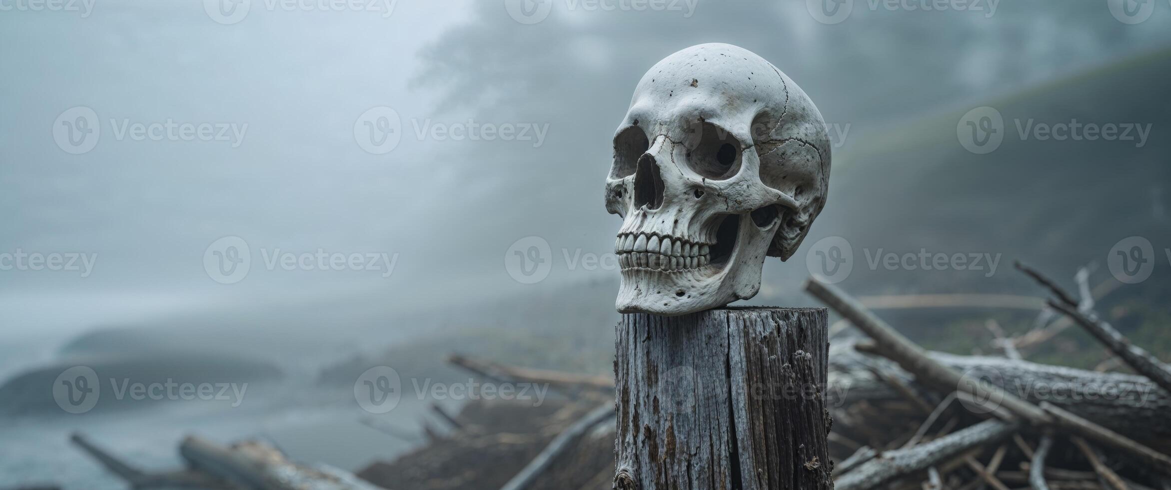 Eerie skull perched atop weathered wooden post shrouded in coastal fog evoking mystery and mortality with muted tones. photo