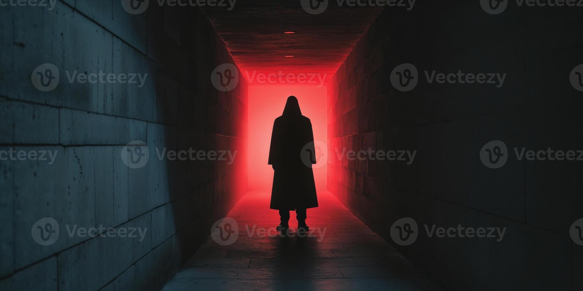 Mysterious Figure in Dark Corridor with Red Light Effects photo