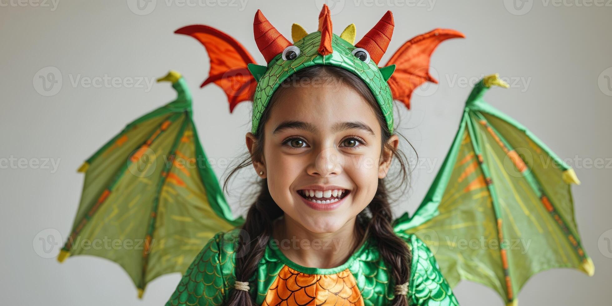 A young girl is wearing a dragon costume and smiling photo