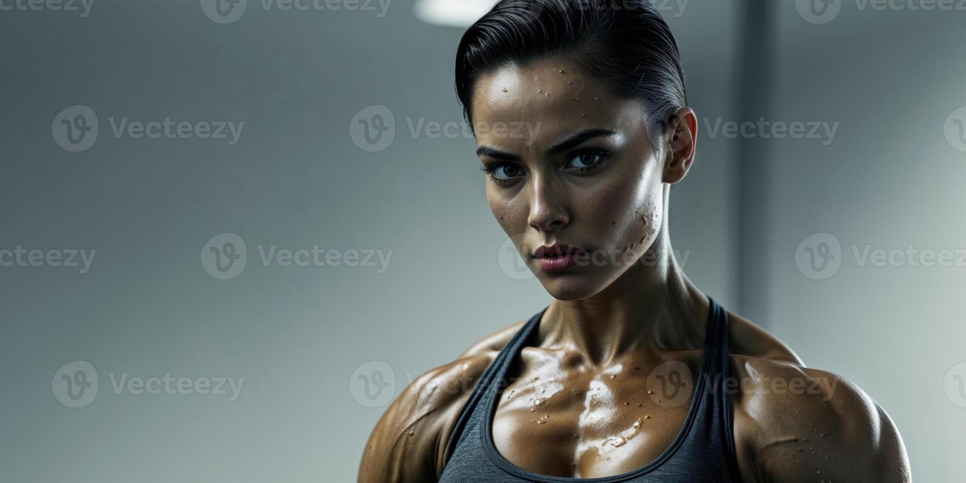 Athletic girl with defined abs posing confidently in gym setting. photo