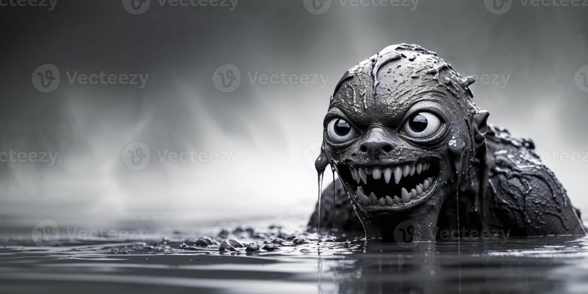 Mud Creature Emerging from Water with Big Eyes and Teeth. photo