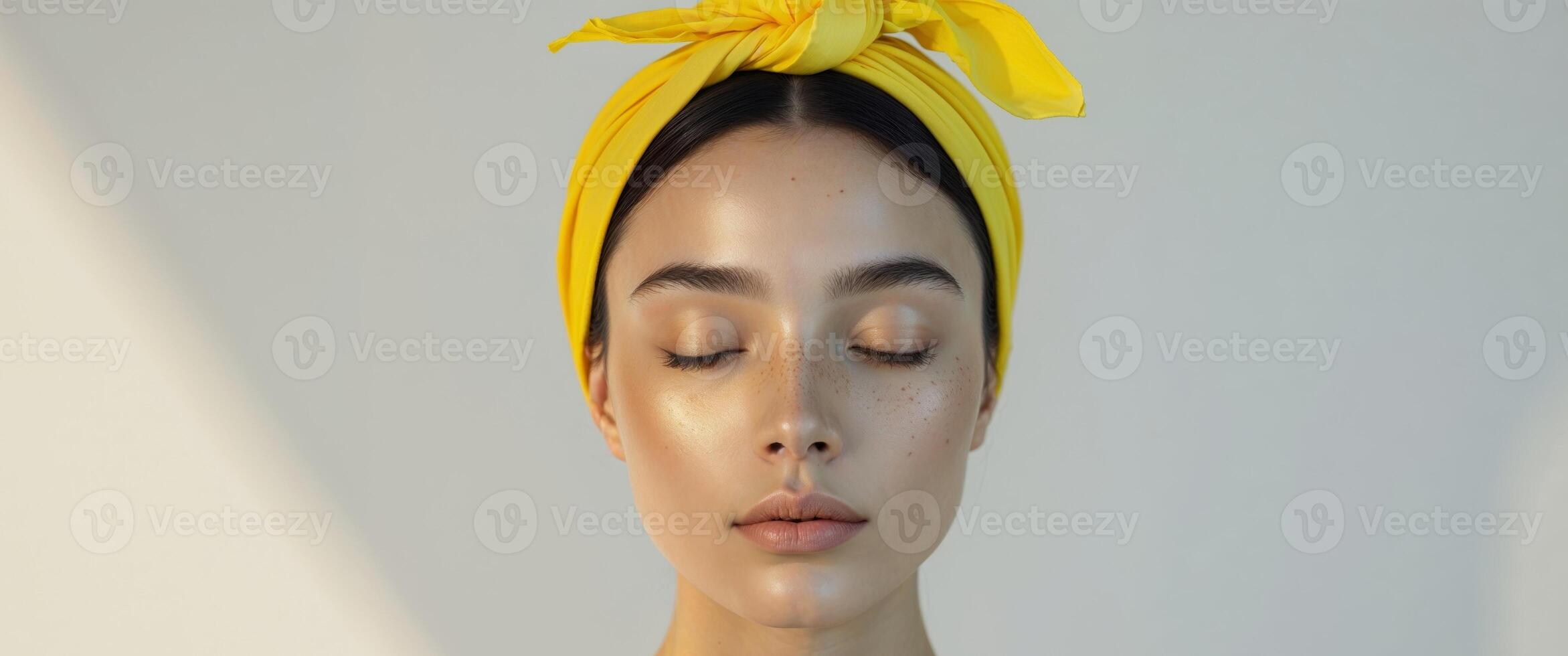 a beautiful model with closed eyes wearing a yellow headscarf photo