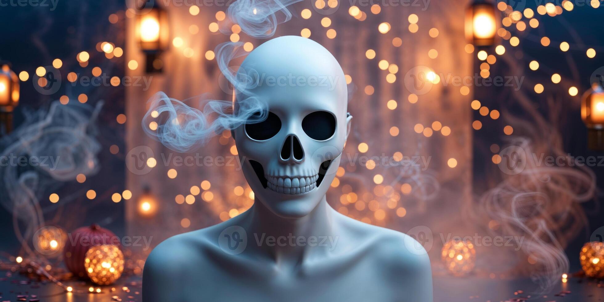Skull Masked Figure in Festive Setting With Glowing Lights and Smoke photo