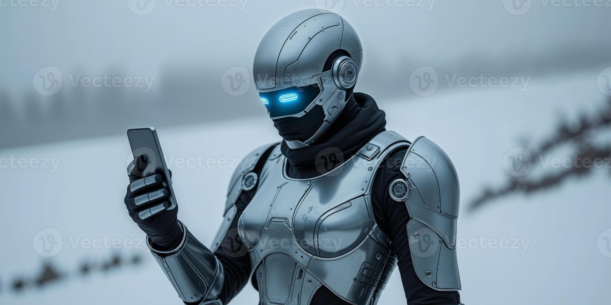 Futuristic Armored Figure Examining Digital Device in Snow. photo