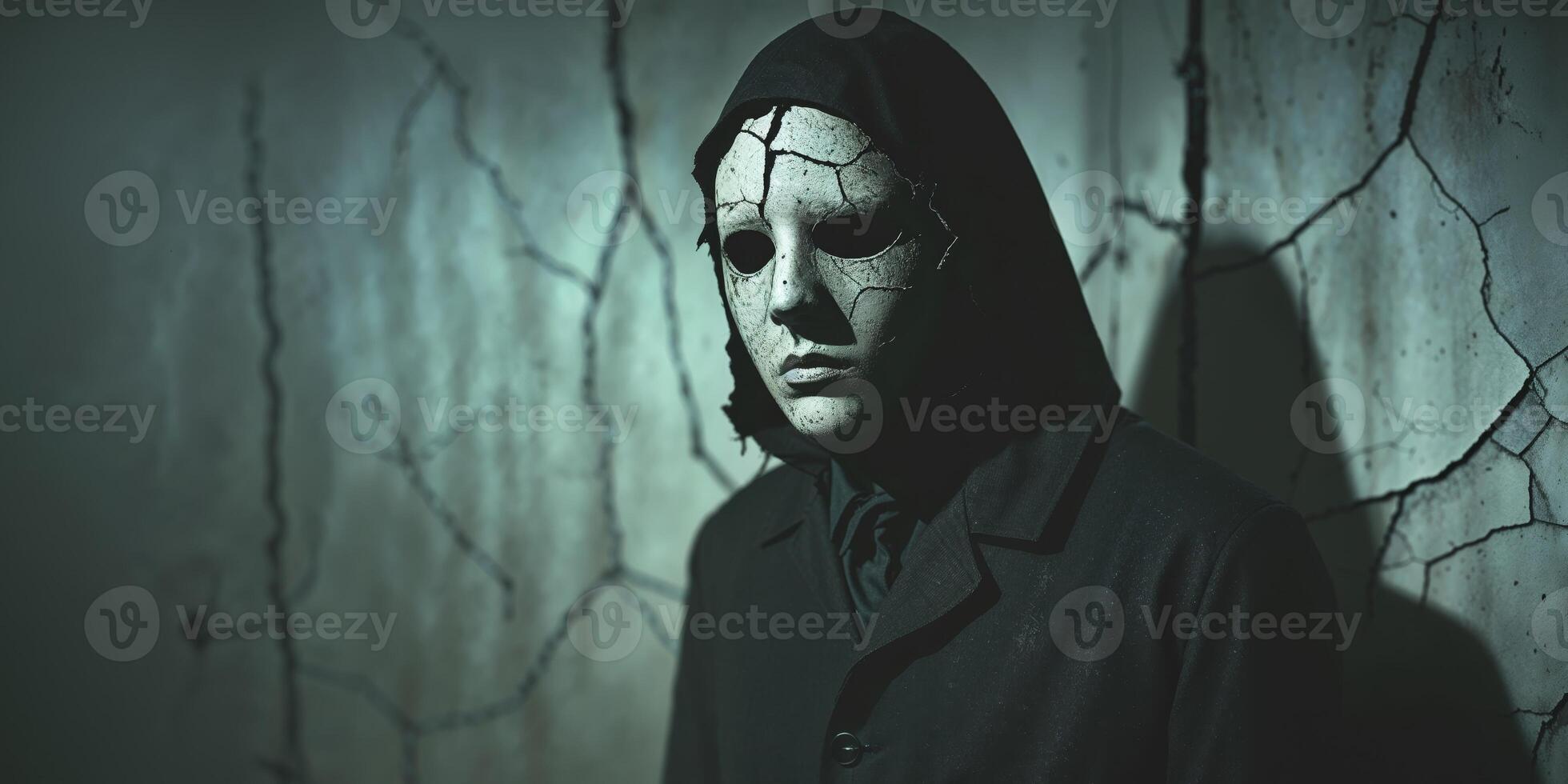 Dark Masked Figure with Cracked Surface in Mysterious Setting photo