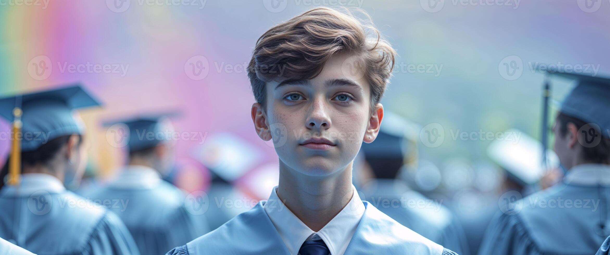 Thoughtful Teenager In Graduation Gown At Ceremony. photo