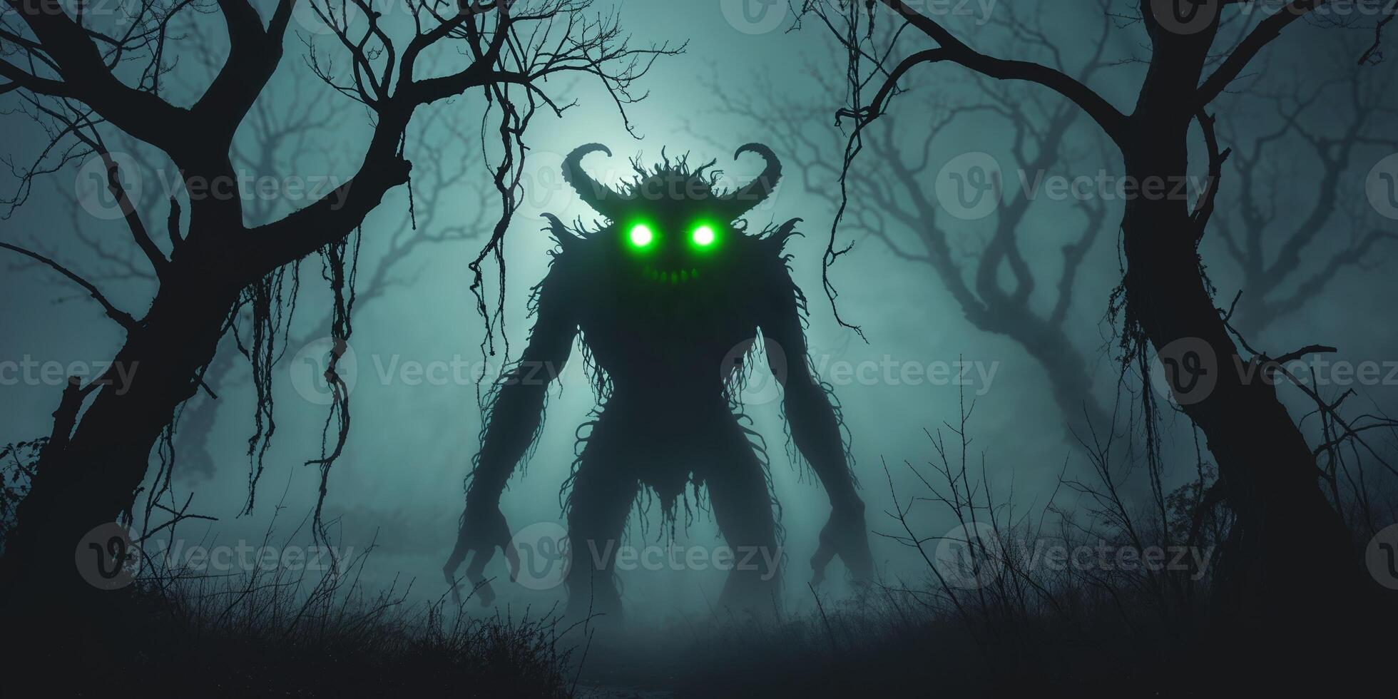 Sinister Glowing Eyes Monster Shadow in Dark Foggy Night Landscape. photo