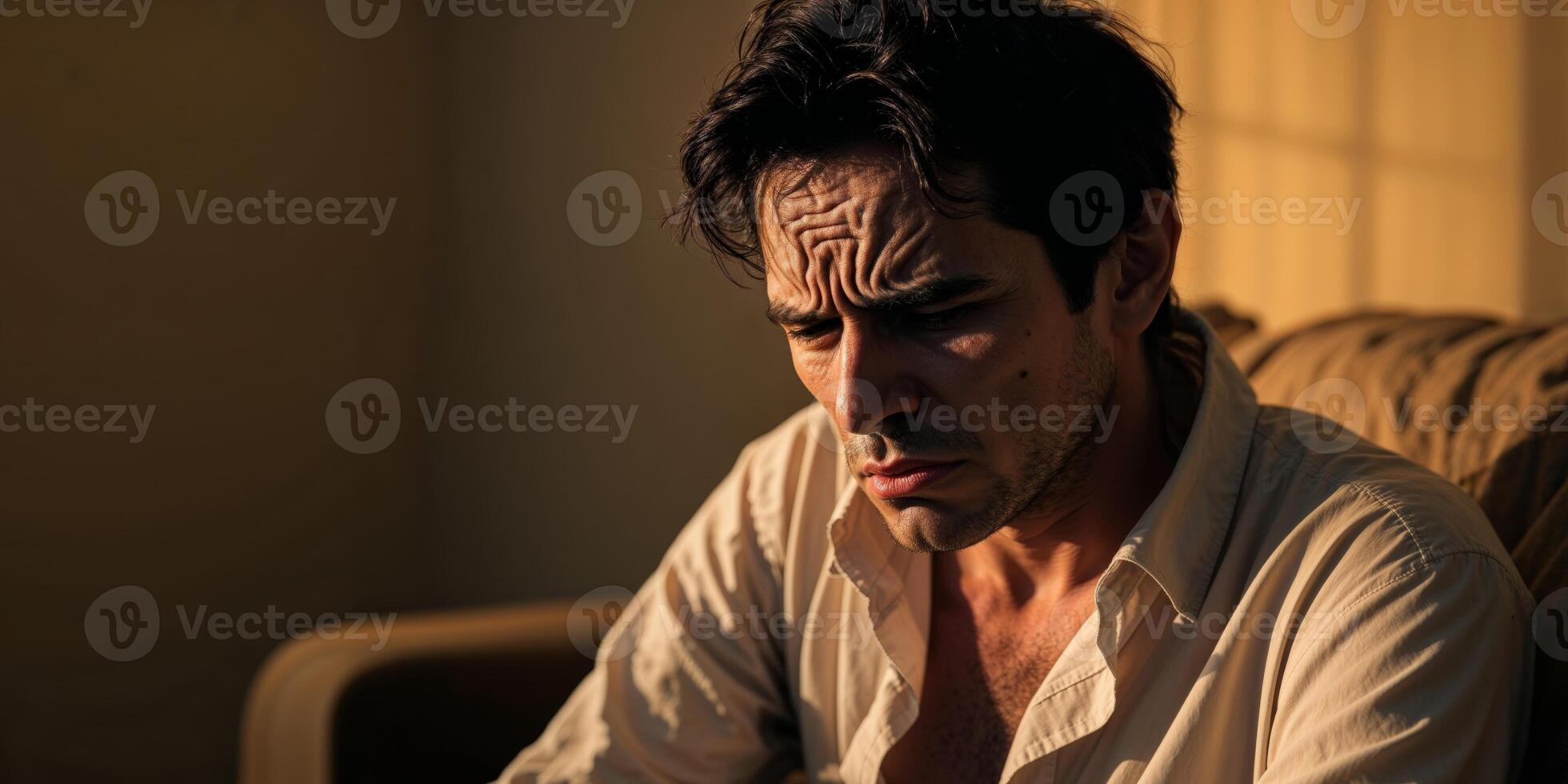 Man expresses deep frustration while seated in a softly lit room during the evening. photo