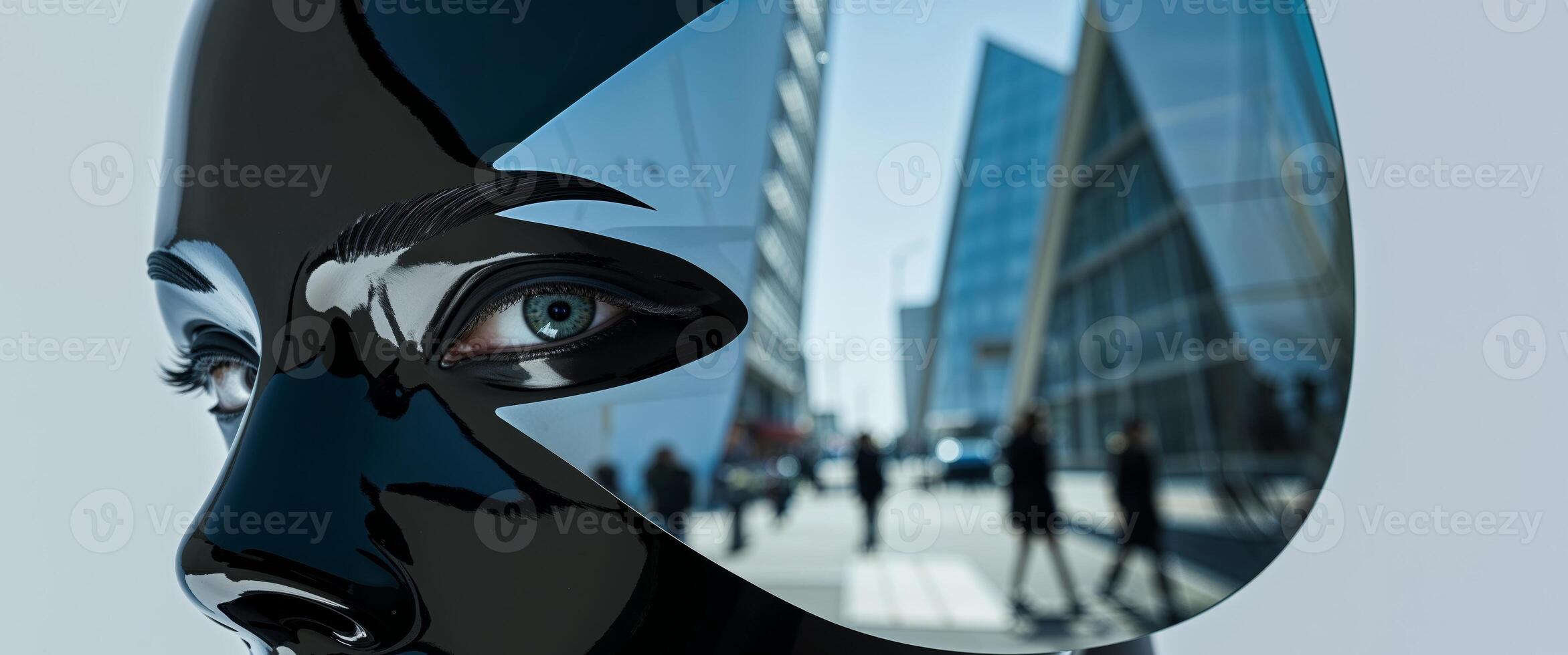 A tight shot of a face wearing a black mask Reflection of a building in the masked eye. photo