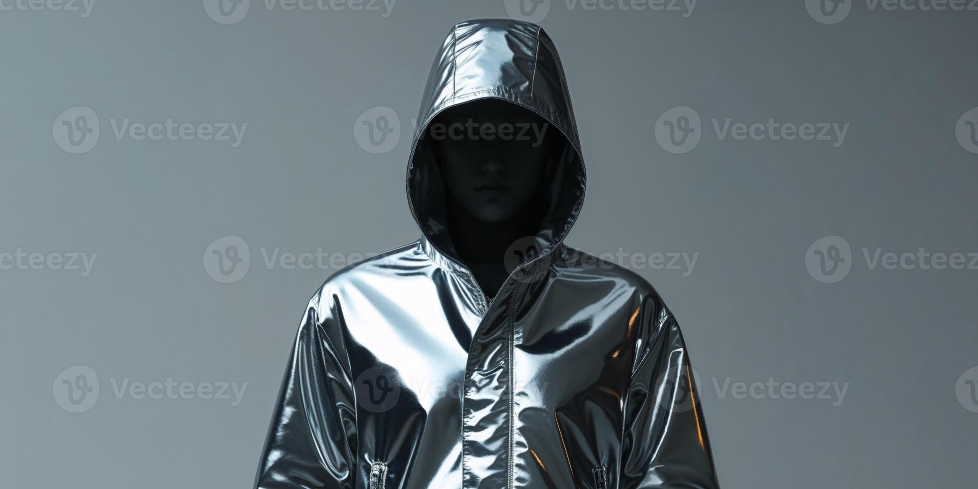 Hooded Figure in Reflective Metallic Jacket. photo