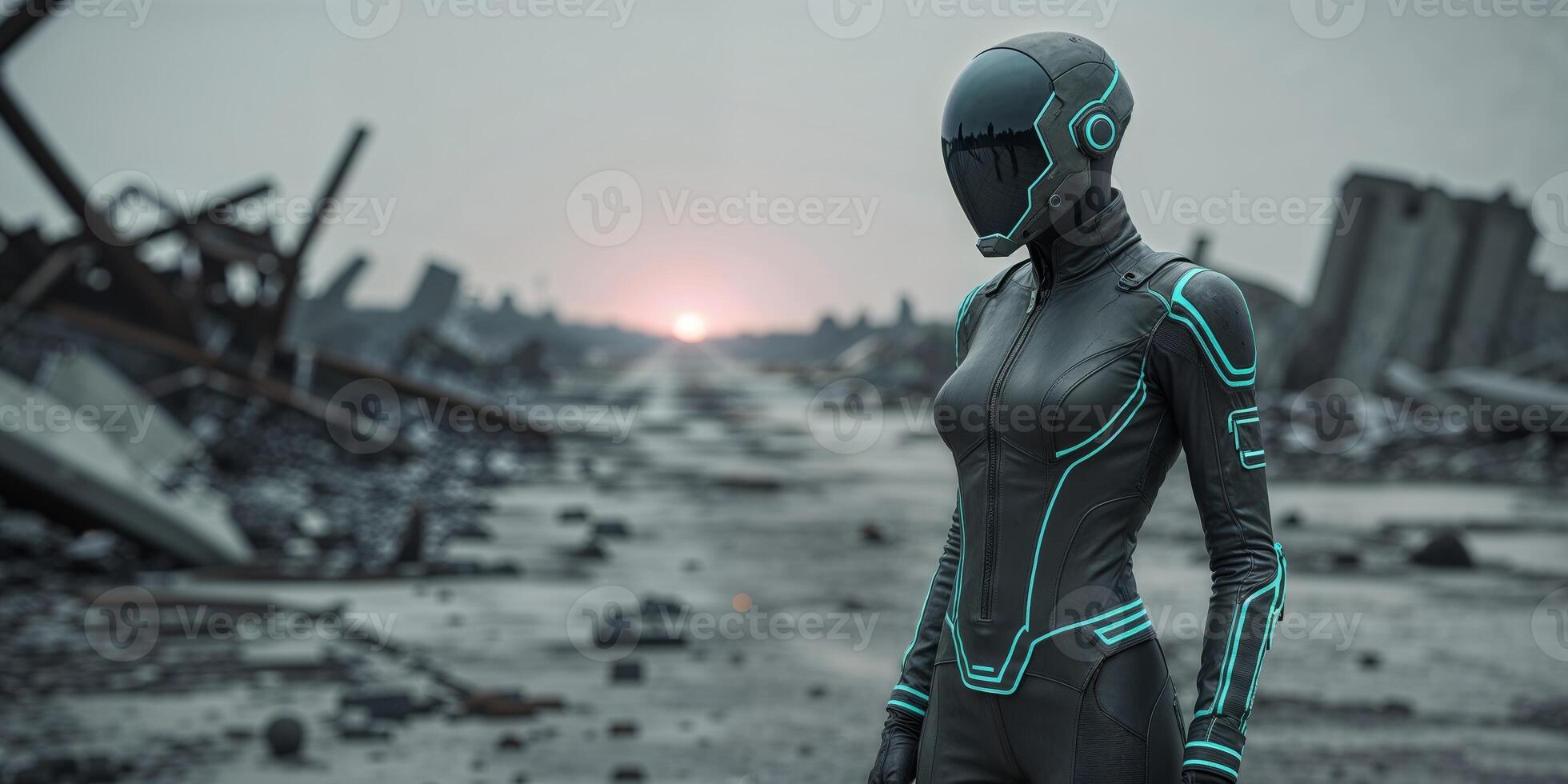 Futuristic Figure Stands in a Post Apocalyptic Wasteland photo