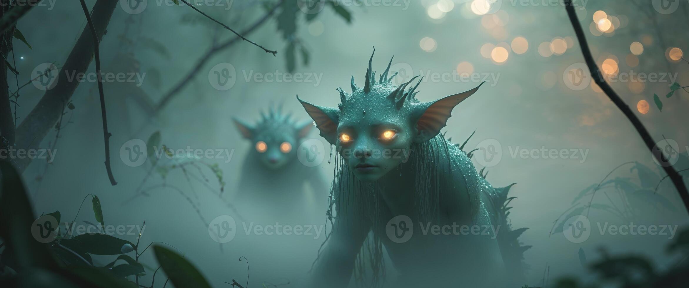 Enigmatic Creatures in a Misty Jungle Scene. photo