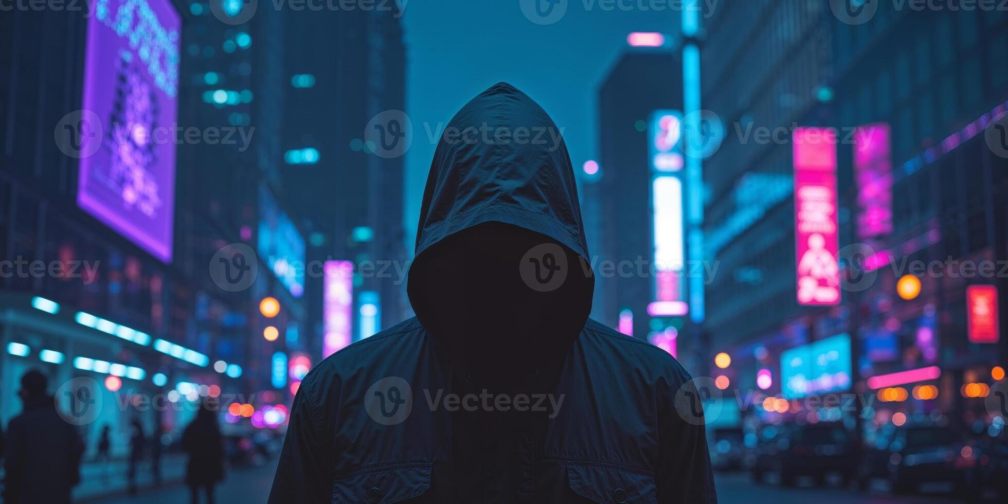 Mysterious Hooded Figure In Urban Night Setting photo