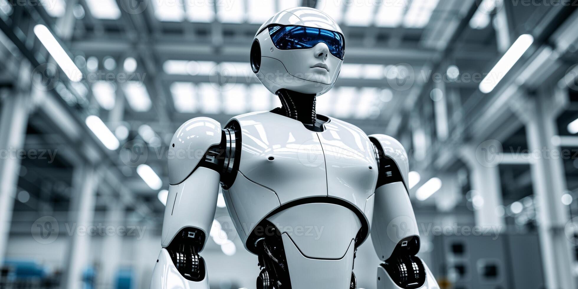 White Futuristic Robot Wearing a Visor in a Modern Industrial Setting. photo