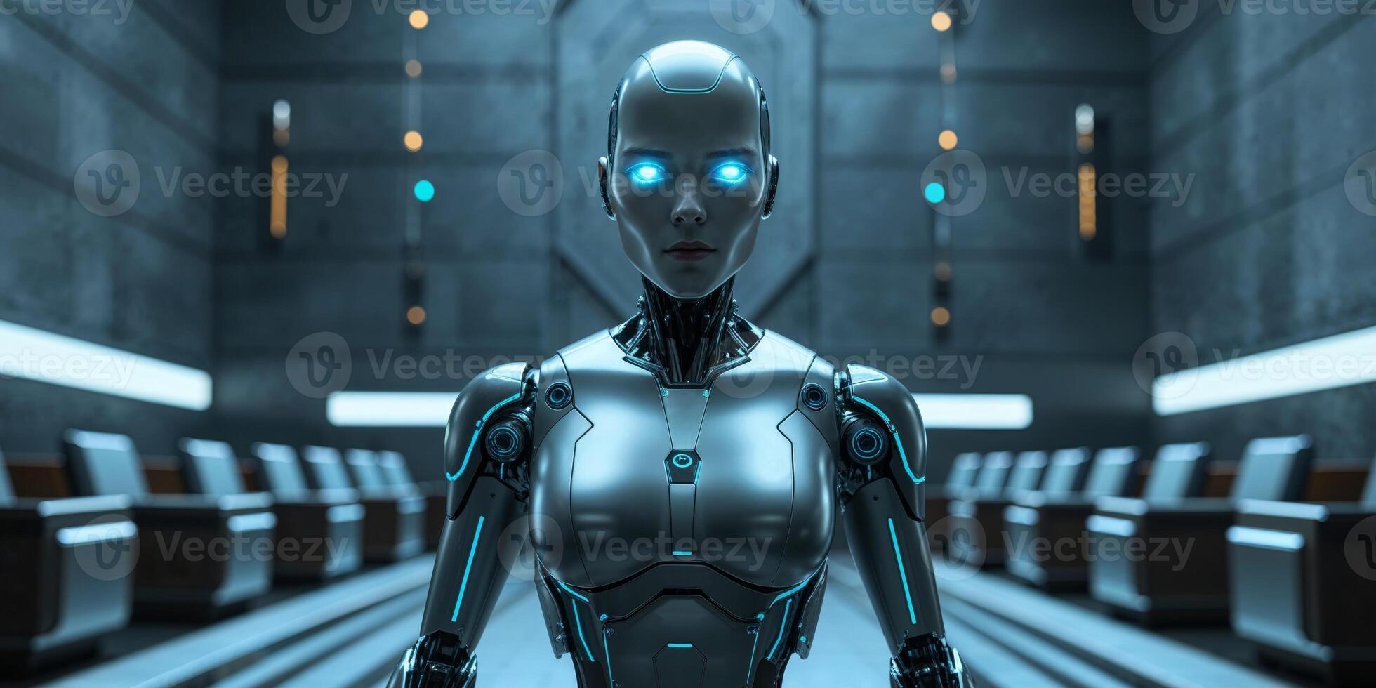 Robotic figure presiding over a courtroom in a futuristic legal setting photo