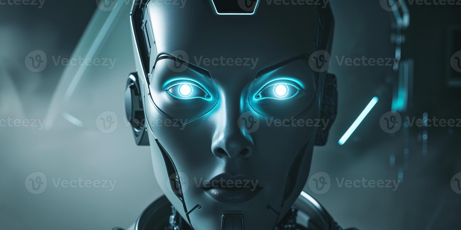 Futuristic robotic face with glowing accents in a dark environment showcasing advanced technology photo