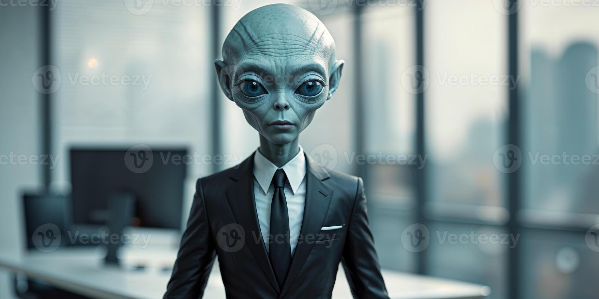 Mysterious extraterrestrial figure dressed in a suit at a modern office setting photo