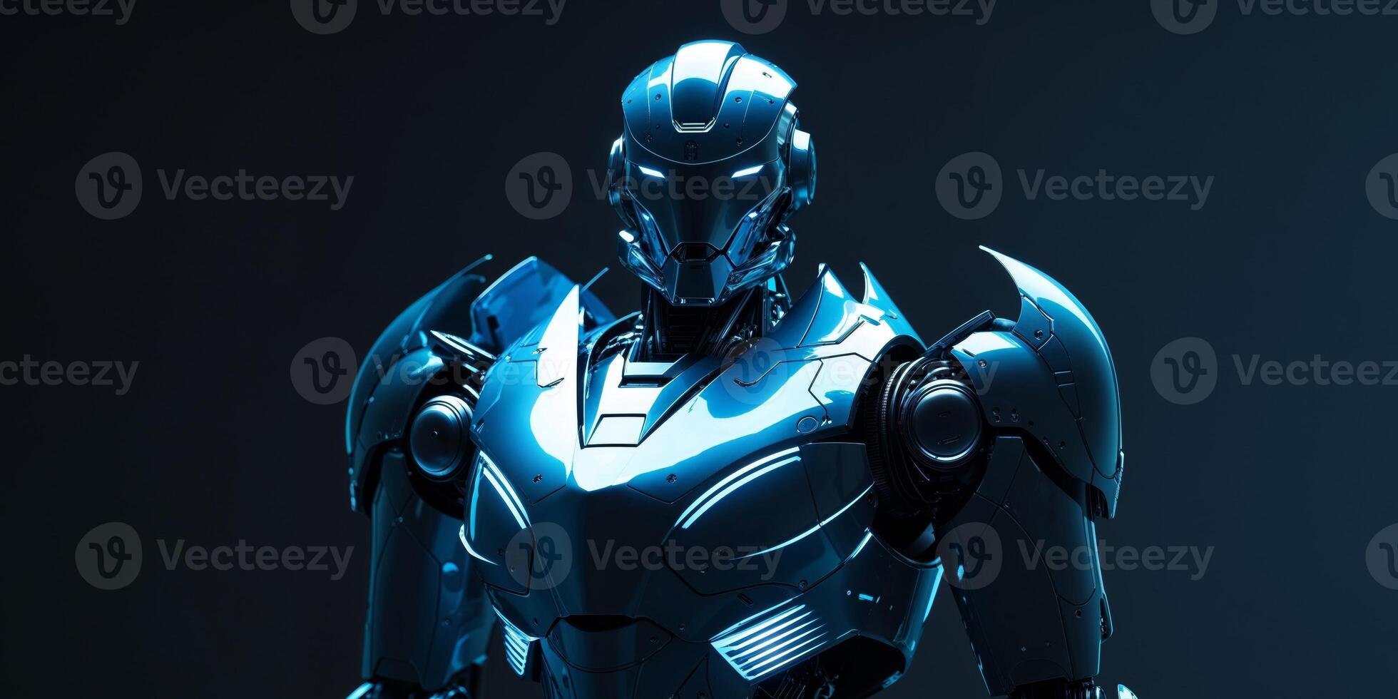 Advanced Robotic Warrior with Blue LED Armor in a Dark Setting. photo