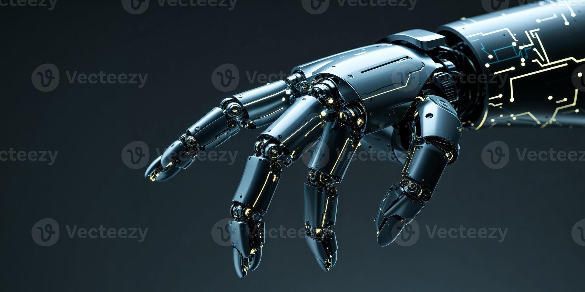 Robotic hand with glowing circuitry pointing left on a dark background. photo
