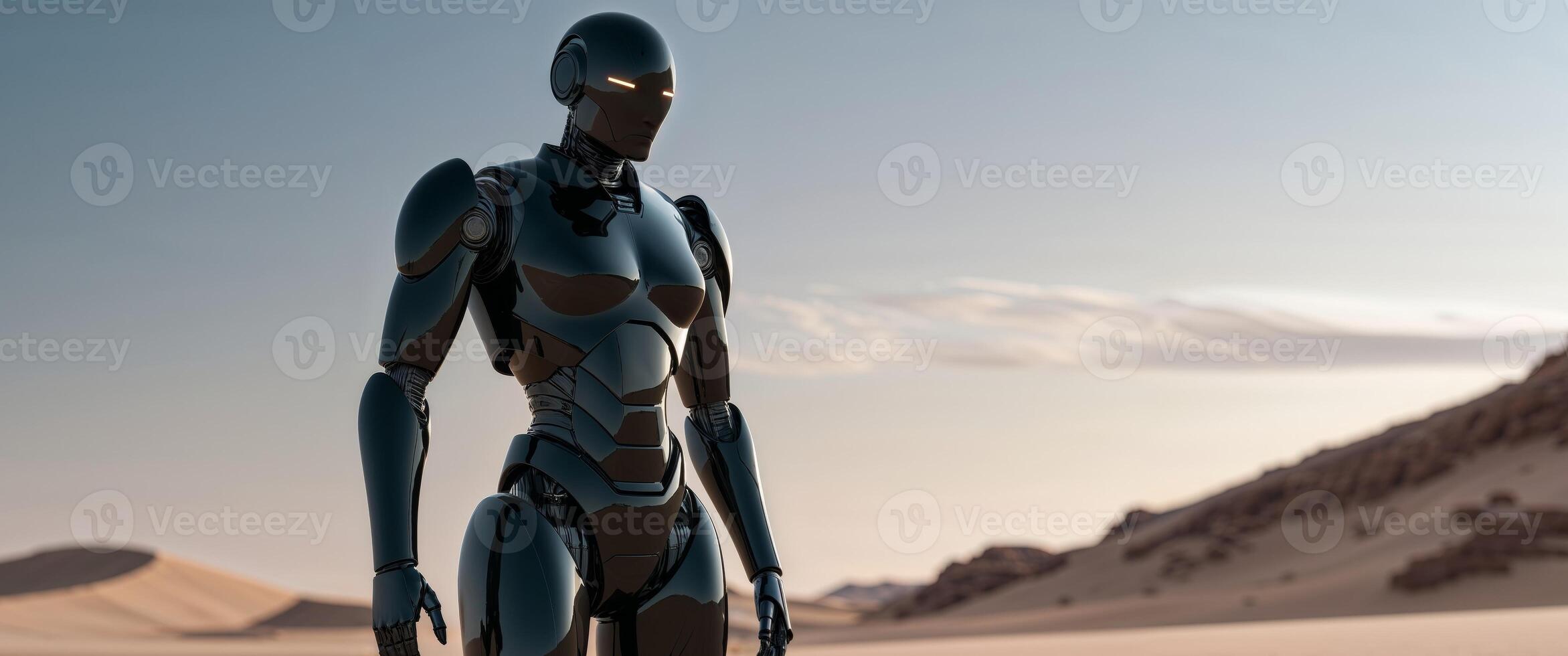 Futuristic robotic figure in black glossy armor in desert landscape photo