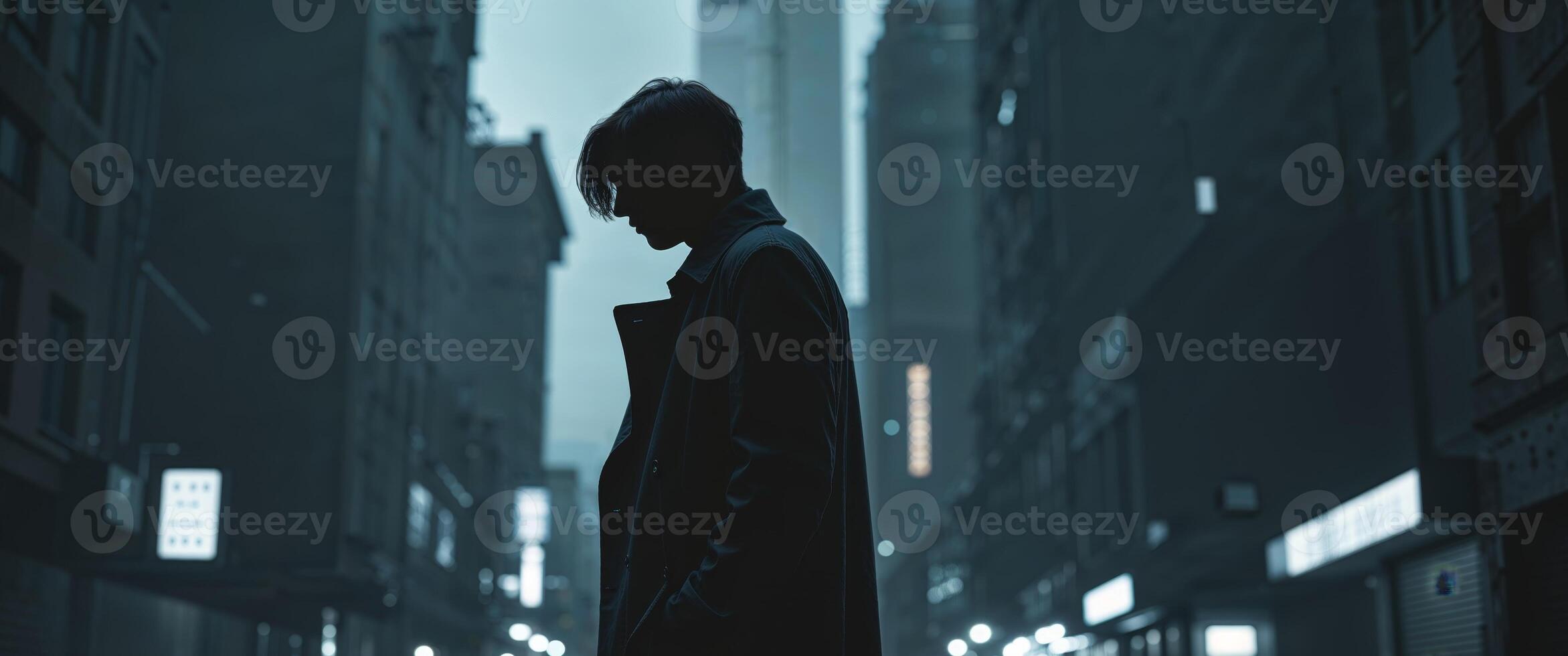 Silhouette of man in moody urban setting at night photo