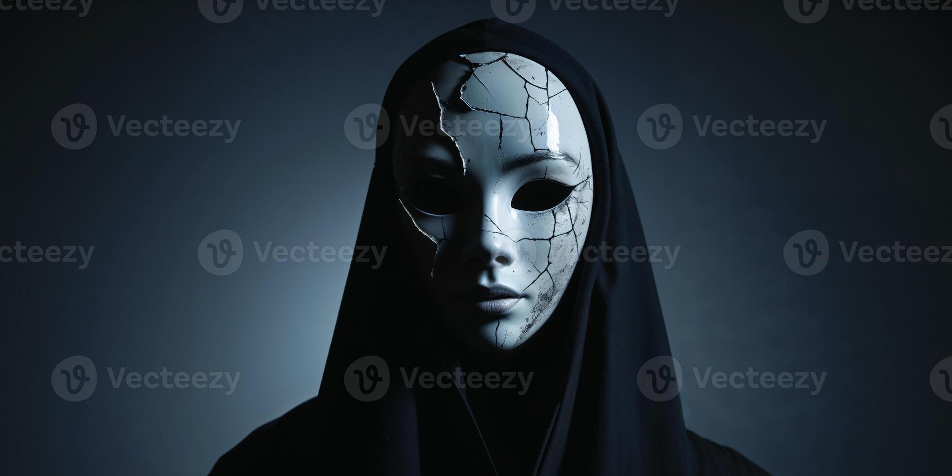 Mysterious figure with a cracked mask in dark setting photo